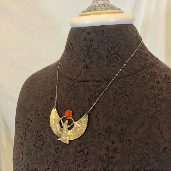 💸 5/20 Large Egyptian Goddess Isis Statement Necklace w/ Orange Stone - Picture 2 of 10